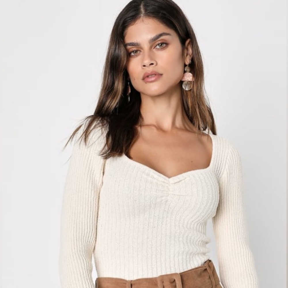 Lulus Casually Brilliant Cream Ribbed Knit Long Sleeve Top